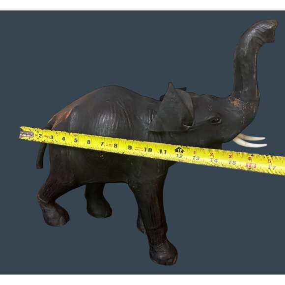 1960s Leather Wrapped Elephant Table Sculpture Figure Safari Glass Eyes Trunk Up - Picture 2 of 9